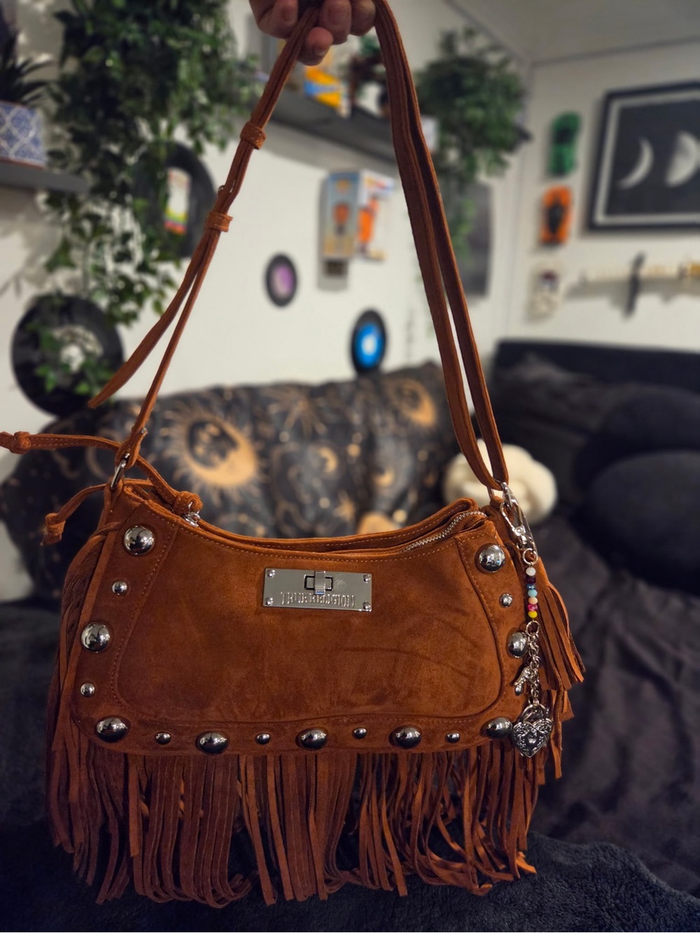True Religion Faux suede fringe purse with silver studs and a heart charm - Picture 10 of 10